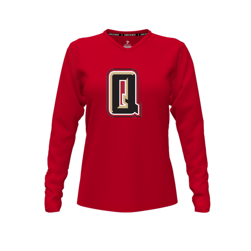 [CUS-DFW-TEES-CMF-VNK-LSL-RED-FYXS-LOGO2] Decker Comfort T-Shirt (Female Youth XS, Red, V Neck, Logo 2, Long Sleeve)